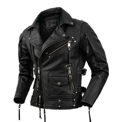 Black Genuine Leather Jacket Mens Motorcycle Style Natural Cowhide Coat