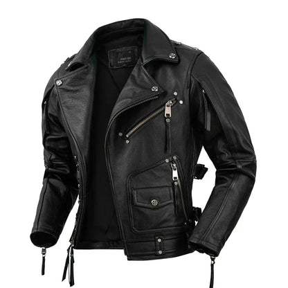 Black Genuine Leather Jacket Mens Motorcycle Style Natural Cowhide Coat