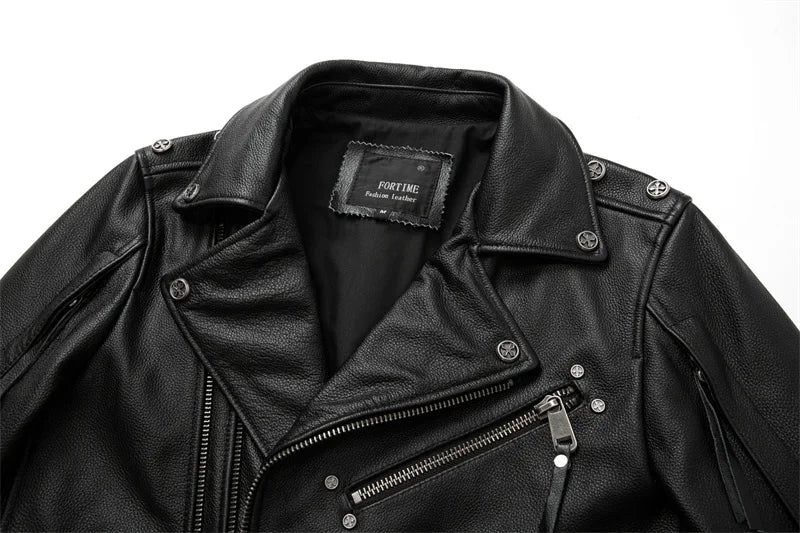 Black Genuine Leather Jacket Mens Motorcycle Style Natural Cowhide Coat