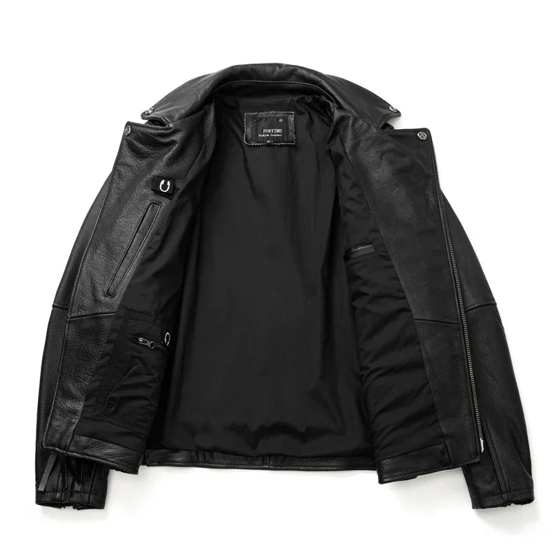 Black Genuine Leather Jacket Mens Motorcycle Style Natural Cowhide Coat