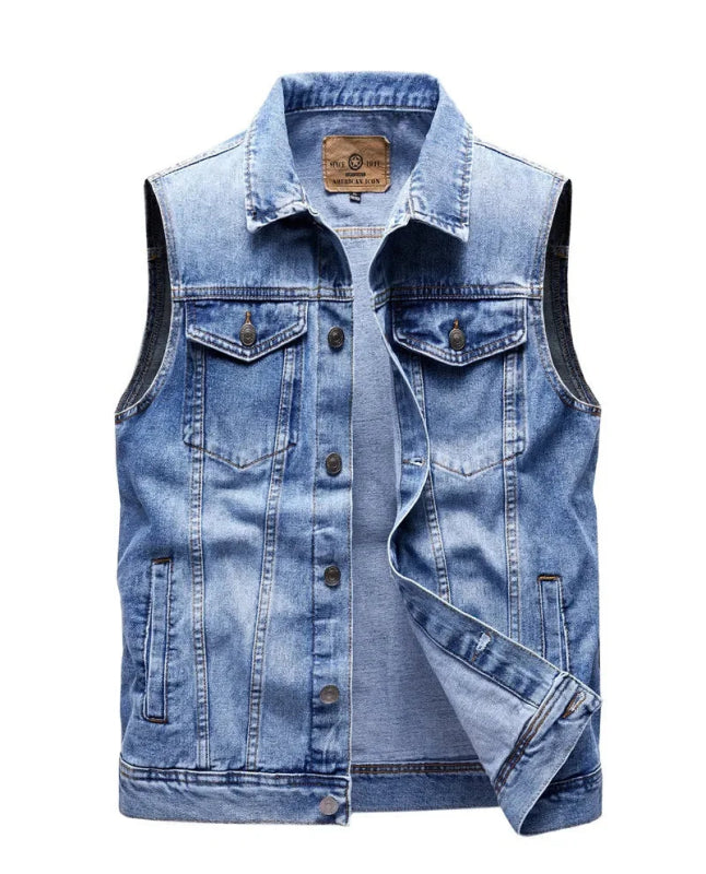 Mens Denim Vest Slim Single - Breasted Casual Solid Color Vest - Infernal Wear - 