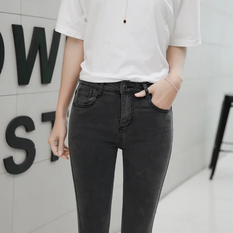 Womens Jeans Spring Autumn Elastic Waist Trousers Ladies Vintage Pencil Slim Skinny Jeans Black Gray Casual Soft Lady Pants - Infernal Wear - 