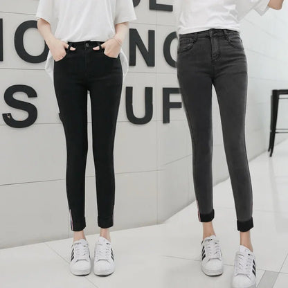 Womens Jeans Spring Autumn Elastic Waist Trousers Ladies Vintage Pencil Slim Skinny Jeans Black Gray Casual Soft Lady Pants - Infernal Wear - 